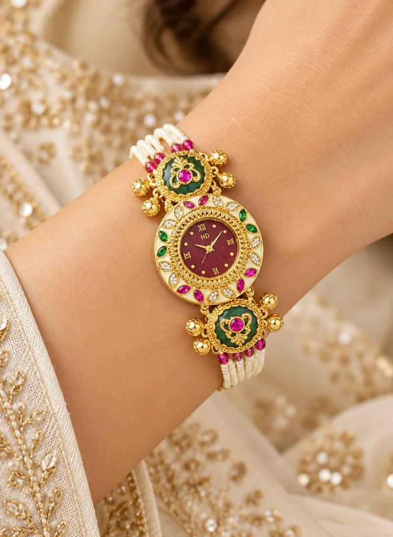 Lehar Pearl Bead Jewelry Watch for Women - Gold Tone Indian Bracelet Watch