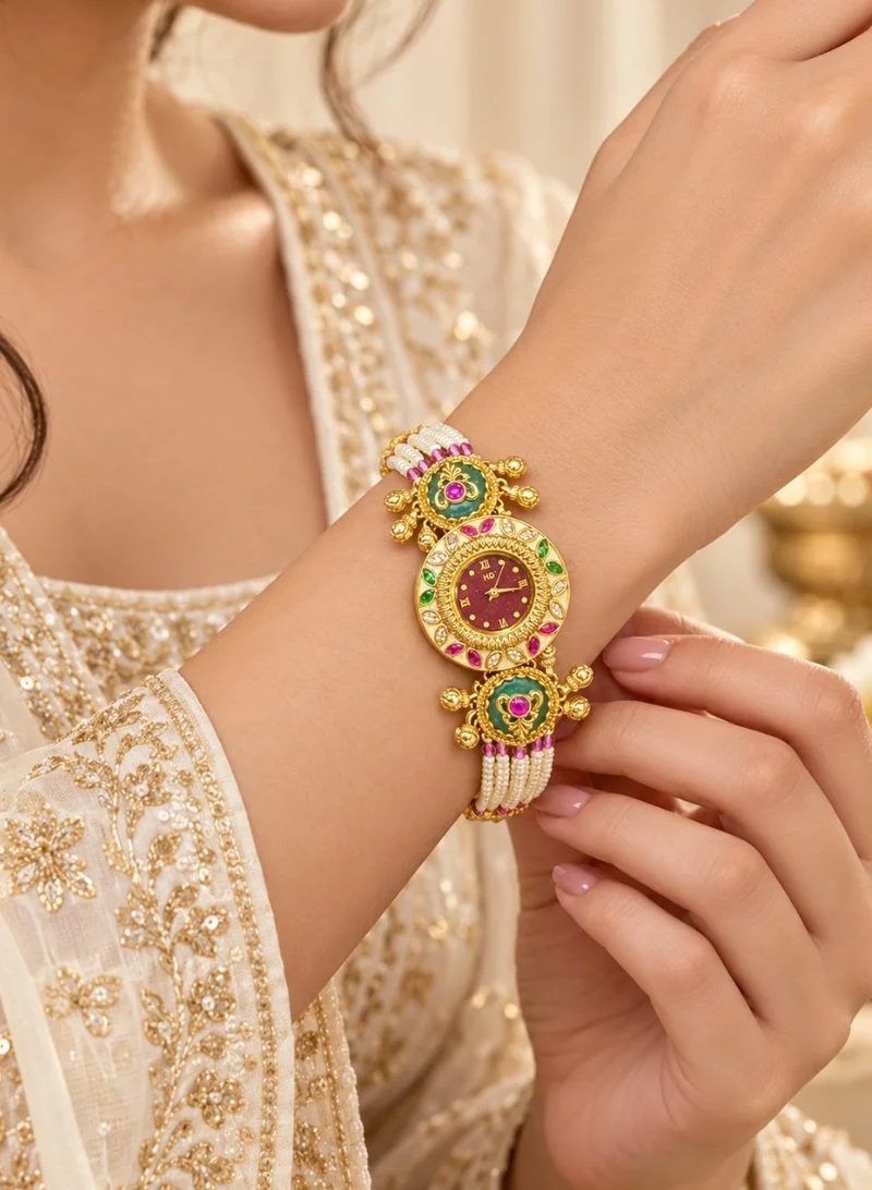 Lehar Pearl Bead Jewelry Watch for Women - Gold Tone Indian Bracelet Watch