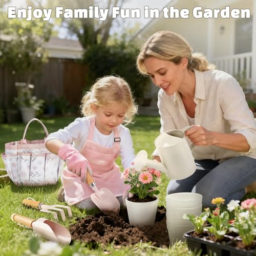 Dreamon Gardening Set Toys for Kids Quality Garden Tool Kit Includes Tote Bag Apron Gloves Shovel Rake Cultivator Watering Can STEM Learning Outdoor Gifts for Kids Toddlers Pink - Image 5