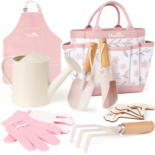 Dreamon Gardening Set Toys for Kids Quality Garden Tool Kit Includes Tote Bag Apron Gloves Shovel Rake Cultivator Watering Can STEM Learning Outdoor Gifts for Kids Toddlers Pink - Image 1