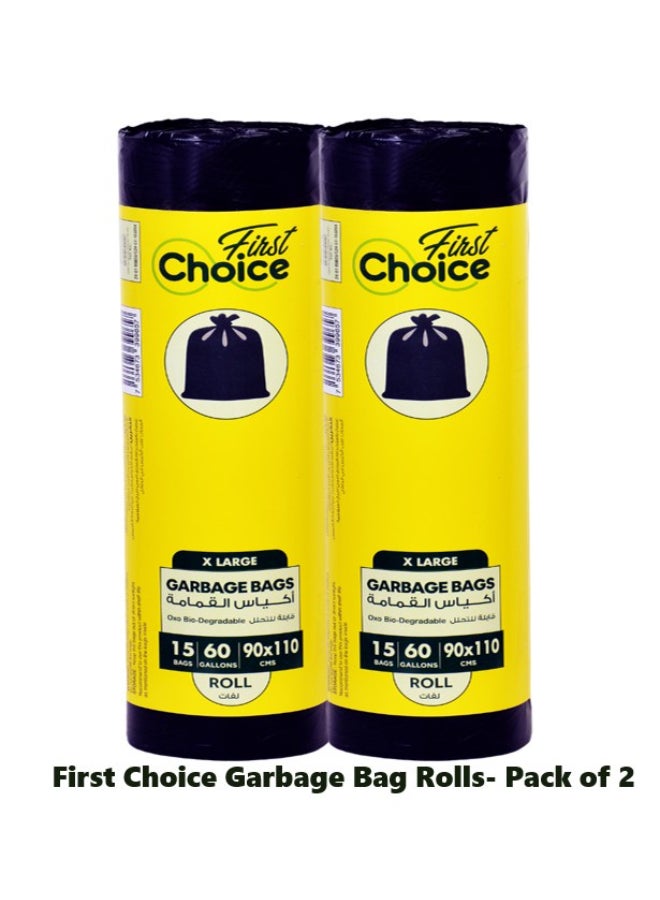 First Choice الخيار الأول، قابلة للتحلل، عبوة من 2، 60 جالون، 2x15 كيس قمامة، الحجم 90x110 سم، أكياس نفايات، بطانة سلة، أكياس نفايات للاستخدام الداخلي والخارجي، XL - Image 1