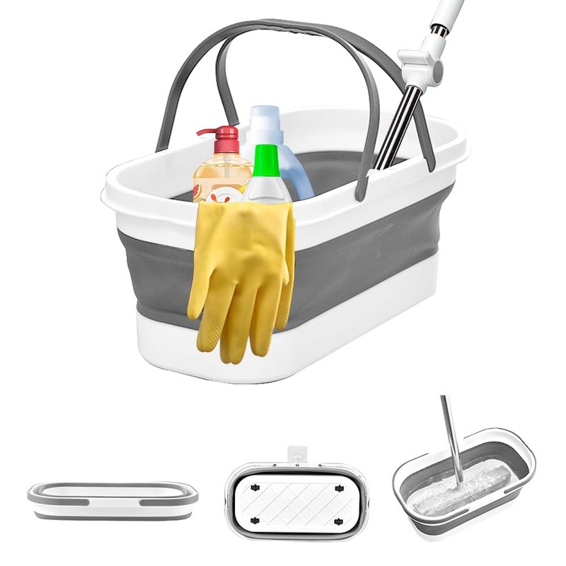 DoroSun Collapsible Mop Bucket Basin Tub with Handle and Wheels, 12L (3.2 Gallon) Foldable Small Plastic Container for Household Cleaning, Car Washing, Portable Basket Bin Tool for Storage Organizer, Grey - Image 1