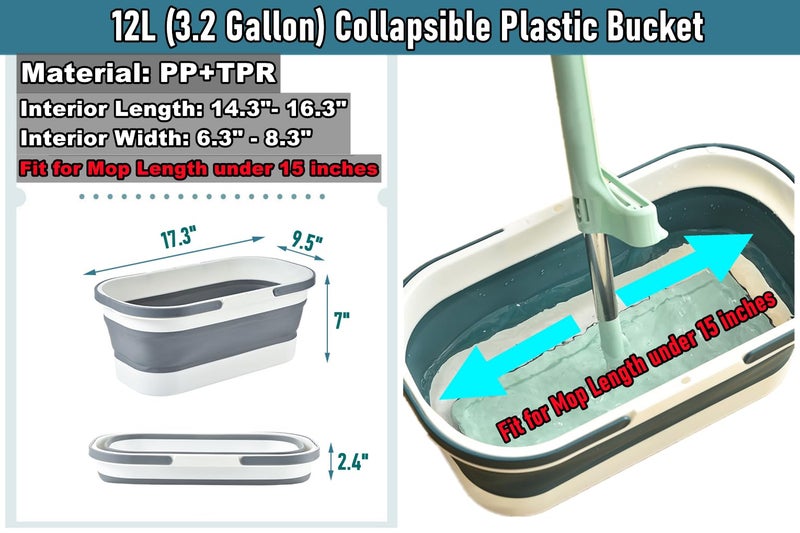 DoroSun Collapsible Mop Bucket Basin Tub with Handle and Wheels, 12L (3.2 Gallon) Foldable Small Plastic Container for Household Cleaning, Car Washing, Portable Basket Bin Tool for Storage Organizer, Grey - Image 3