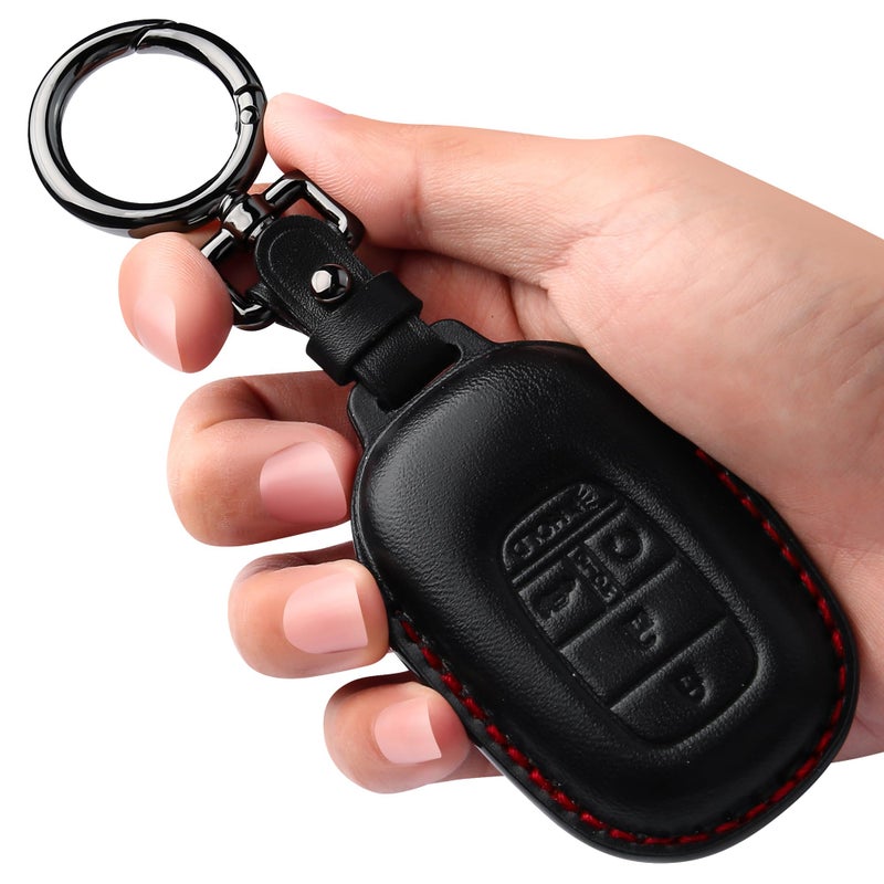 Tukellen for Honda Key Fob Cover Leatherwith Keychain Compatible with 2022 2023 2024 Accord Civic HRV CRV Pilot5 Buttons Smart Remote KeyBlackRed line