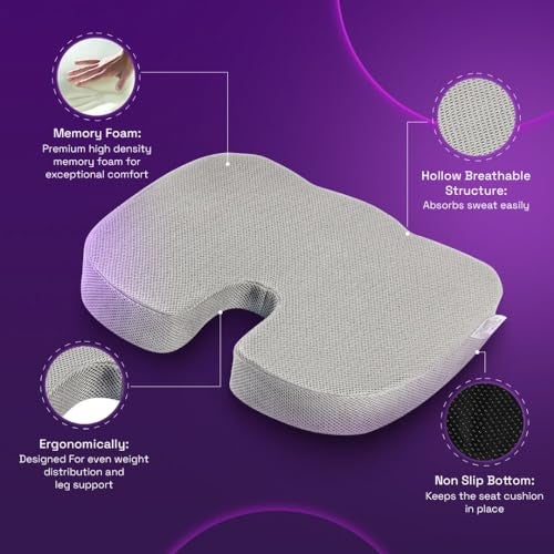 Wakefit Orthopedic Coccyx Cushion | Memory Foam Support for Lower Back, Tailbone & Sciatica Relief | Chair & Car Use | Ergonomic Design | Supports 60kg+ Weight - Grey - Image 2