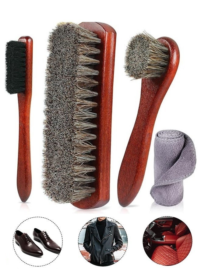 Bukela 4 Pcs Horsehair Shine Shoes Brush Kit Polish Dauber Applicators Cleaning Leather Shoes Boots Care Brushes Suede Cleaner Brush with Microfiber Shoe Cloth - Image 1