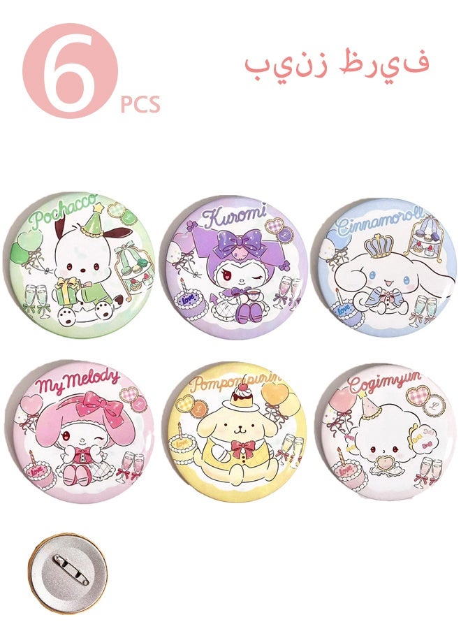 سانريو ٦ قطع من شارات أزرار سانريو، شارات دائرية معدنية، دبابيس صديقة للبيئة، للطلاب والأولاد والبنات، بتصاميم مرحة وأنيقة. - Image 1