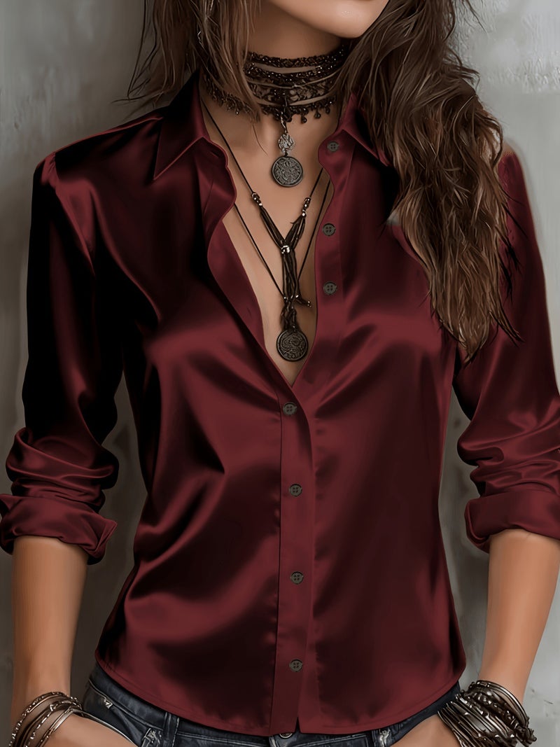 Qi Ta Women's 3D Printed Long Sleeve Satin Shirt - Light Grayish Blue, Open Front Cardigan Style, Loose Fit - Image 1