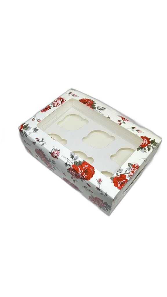 Baekence Baekence Cupcake boxes for packaging 6 Cream Red Flower Print Color Pack of 30 pcs - Image 1