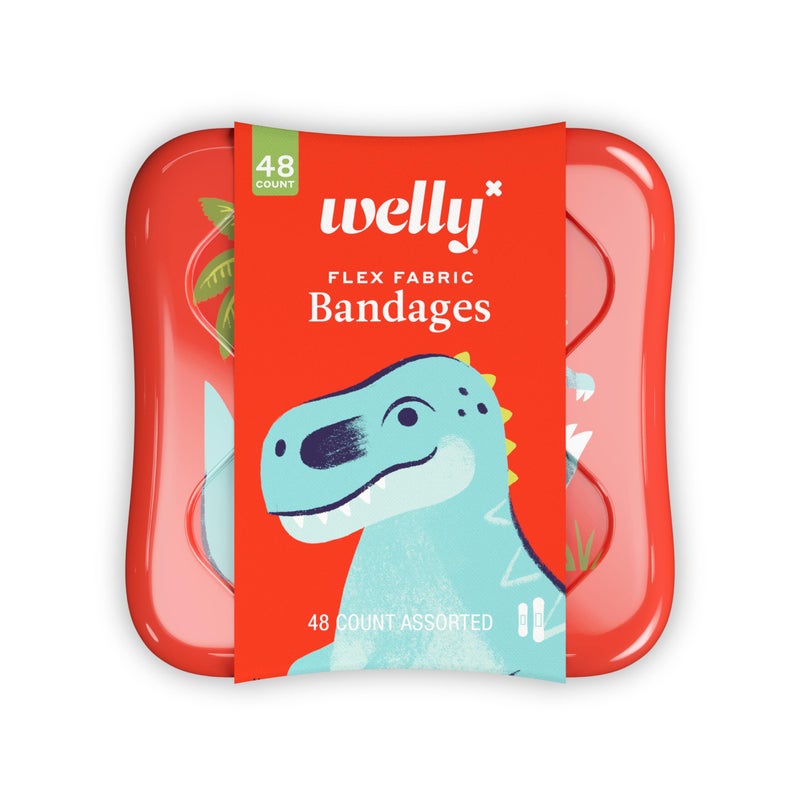 Welly Bandages | Adhesive Flexible Fabric Bravery Badges | Assorted Shapes for Minor Cuts, Scrapes, and Wounds | Colorful and Fun First Aid Tin | Dinosaur Patterns - 48 Count - Image 1