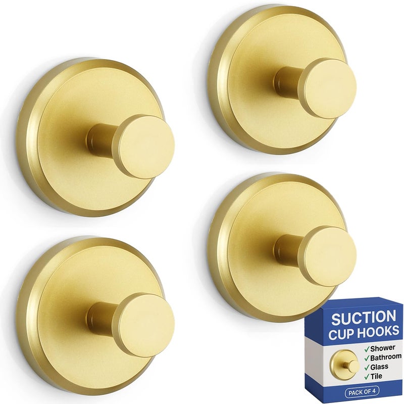HOME SO Suction Cup Hooks for Shower & Bathroom Towel Holder 4-Pack â€“ Suction Cups Hooks for Hanging Towels, Robes, & Coats - Tiles, Glass Door or Mirror â€“ Shower Hooks & Towel Hooks Organizer - Gold - Image 1