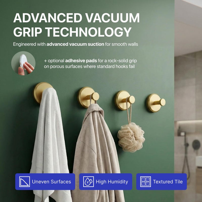 HOME SO Suction Cup Hooks for Shower & Bathroom Towel Holder 4-Pack â€“ Suction Cups Hooks for Hanging Towels, Robes, & Coats - Tiles, Glass Door or Mirror â€“ Shower Hooks & Towel Hooks Organizer - Gold - Image 2