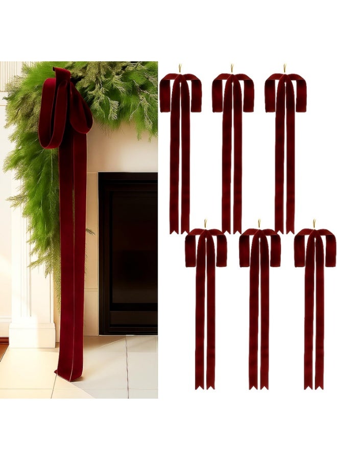 Arabest 6 Pack Velvet Christmas Bows, 24" x 15.5" Long Burgundy Velvet Bows for Christmas Tree, Vintage Velvet Ribbon Bows for Christmas Wreath Garland Staircase Fireplace Indoor Outdoor Decor - Image 1