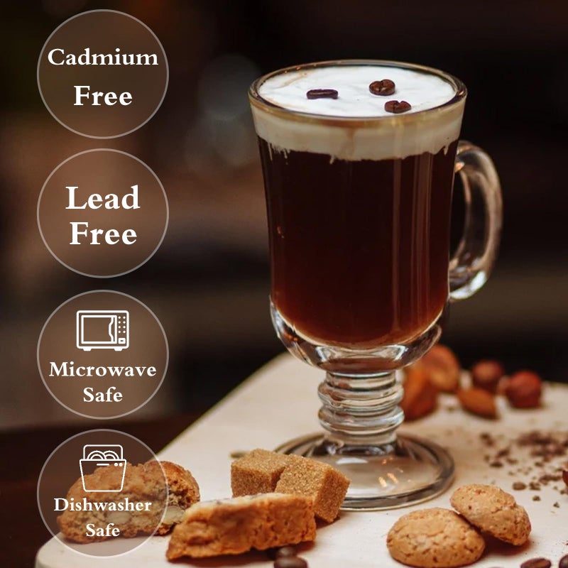 SHANDERBAR Set of 6 Irish Coffee Mugs, 8.5 Oz Irish Coffee Glasses with Handle & Footed Stem Base, Clear Glass Mugs Espresso Glass Cups for Hot Cold Beverages, Tea, Latte, Cappuccino, Smoothie - Image 2