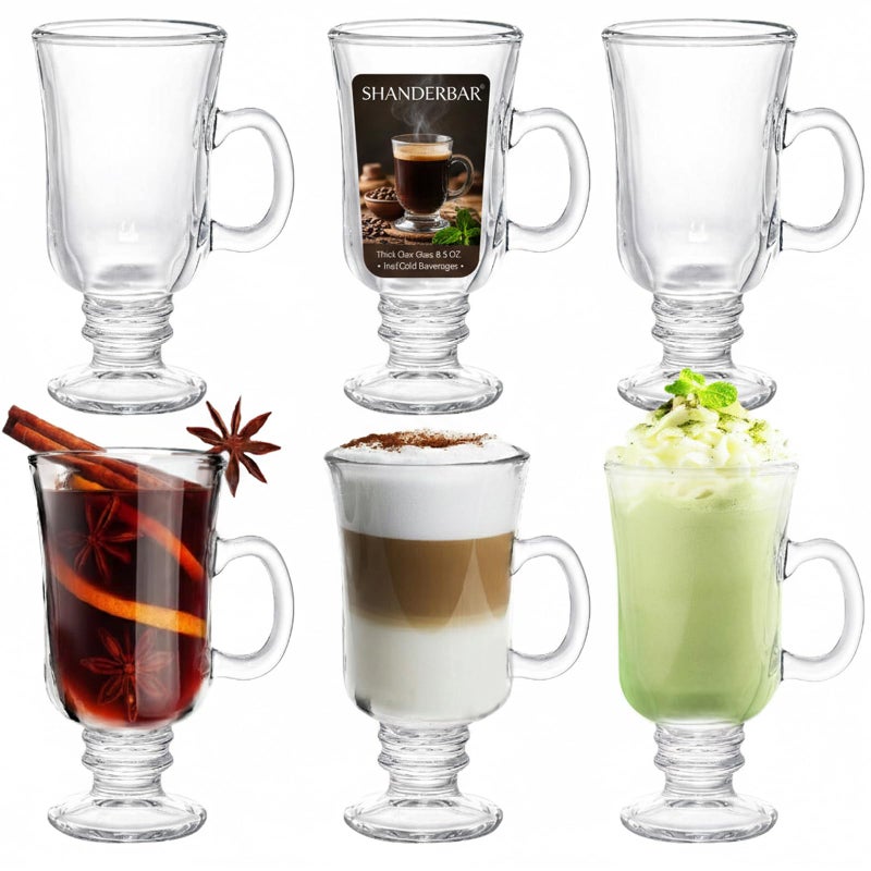 SHANDERBAR Set of 6 Irish Coffee Mugs, 8.5 Oz Irish Coffee Glasses with Handle & Footed Stem Base, Clear Glass Mugs Espresso Glass Cups for Hot Cold Beverages, Tea, Latte, Cappuccino, Smoothie - Image 1