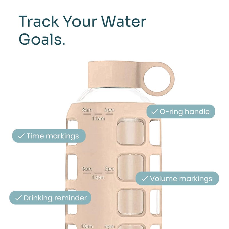 purifyou 40oz / 32oz / 22oz / 12oz Borosilicate Glass Water Bottle with Time & Volume Markers, Silicone Sleeve, Stainless Steel Lid | Reusable Glass Bottle for Water & Juice (22oz Hazelnut) - Image 3