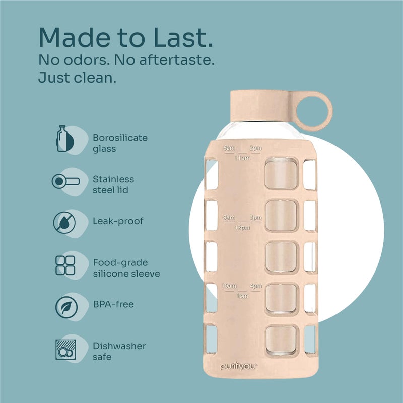 purifyou 40oz / 32oz / 22oz / 12oz Borosilicate Glass Water Bottle with Time & Volume Markers, Silicone Sleeve, Stainless Steel Lid | Reusable Glass Bottle for Water & Juice (22oz Hazelnut) - Image 4