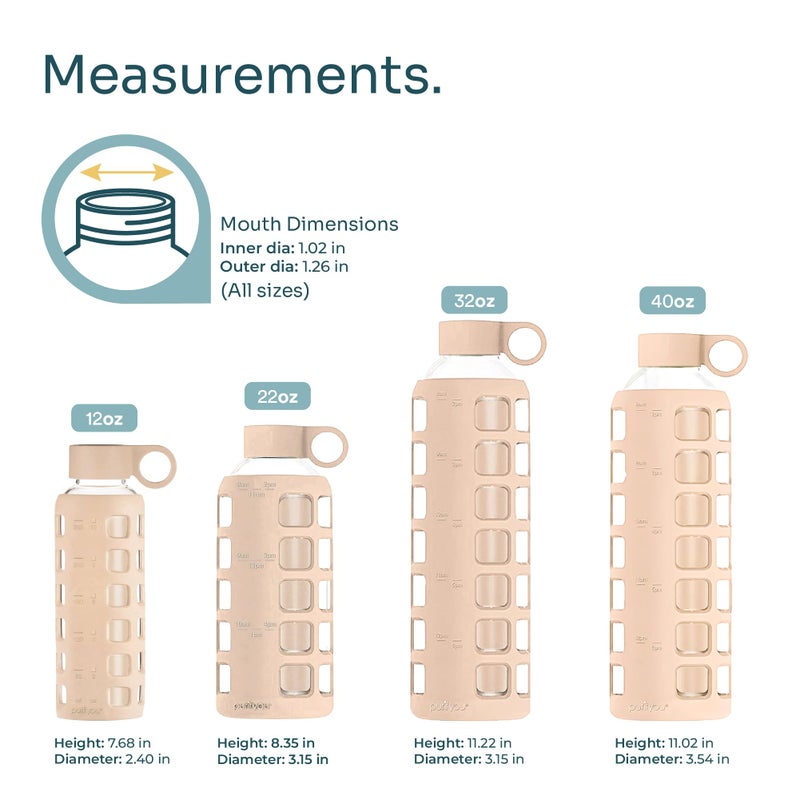 purifyou 40oz / 32oz / 22oz / 12oz Borosilicate Glass Water Bottle with Time & Volume Markers, Silicone Sleeve, Stainless Steel Lid | Reusable Glass Bottle for Water & Juice (22oz Hazelnut) - Image 2