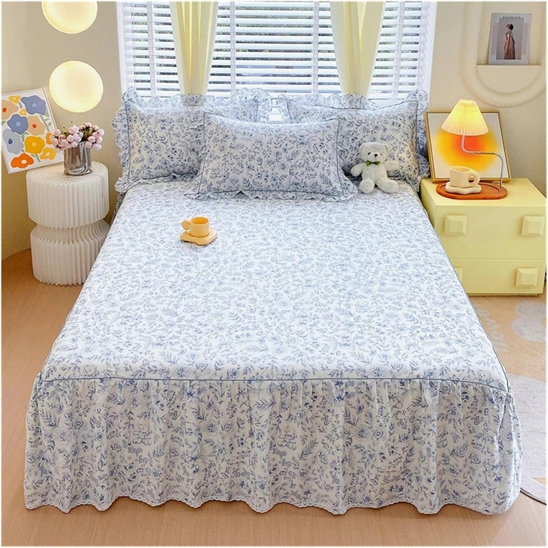 1PC Cotton Bed Skirt Queen/King Size Floral Printed Sheet with Ruffles Full for Single(Color 1,180x200x45cm 1pc)