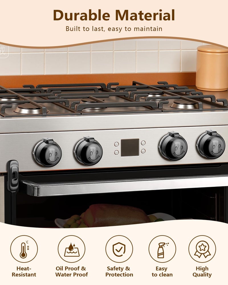 BBsecure Stove Knob Covers - 5+1 Pack Heat Resistant Gas Stove Knob Covers with Child Proof Lock & Strong Adhesive, Oil-Proof Oven Knob Covers with Semi-Transparent Design, Black - Image 4