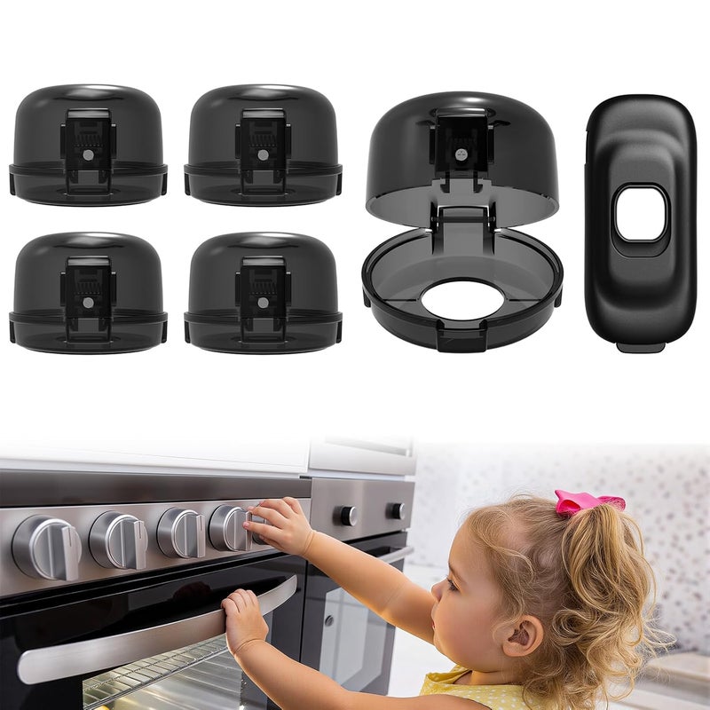 BBsecure Stove Knob Covers - 5+1 Pack Heat Resistant Gas Stove Knob Covers with Child Proof Lock & Strong Adhesive, Oil-Proof Oven Knob Covers with Semi-Transparent Design, Black - Image 1