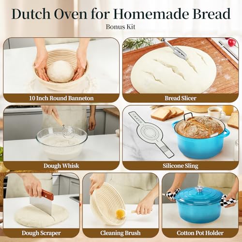 Blingco Enameled Cast Iron Dutch Oven with Lid -6.5 QT, incl. Sourdough Bread-Baking Supplies like Banneton Proofing Basket, Heavy Duty Cookware Bread-Oven for Baking, Stews, and Roasting, Sea Blue - Image 4