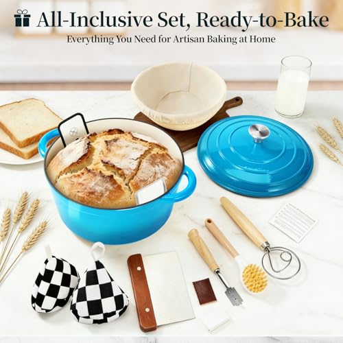 Blingco Enameled Cast Iron Dutch Oven with Lid -6.5 QT, incl. Sourdough Bread-Baking Supplies like Banneton Proofing Basket, Heavy Duty Cookware Bread-Oven for Baking, Stews, and Roasting, Sea Blue - Image 2