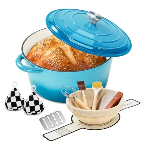 Blingco Enameled Cast Iron Dutch Oven with Lid -6.5 QT, incl. Sourdough Bread-Baking Supplies like Banneton Proofing Basket, Heavy Duty Cookware Bread-Oven for Baking, Stews, and Roasting, Sea Blue - Image 1