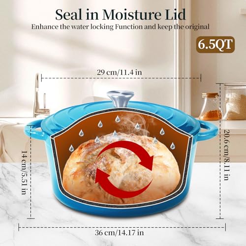 Blingco Enameled Cast Iron Dutch Oven with Lid -6.5 QT, incl. Sourdough Bread-Baking Supplies like Banneton Proofing Basket, Heavy Duty Cookware Bread-Oven for Baking, Stews, and Roasting, Sea Blue - Image 3