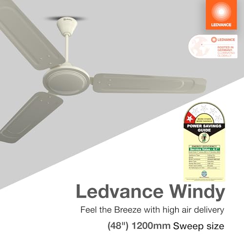 LEDVANCE Windy Ceiling Fan 1200mm | 400 RPM Speed | Low Power Consumption | Higher Air Delivery | BEE Star Rated | Heavy Motor | Suitable for Room, Schools & Offices | 2 Year Warranty - Ivory - Image 2