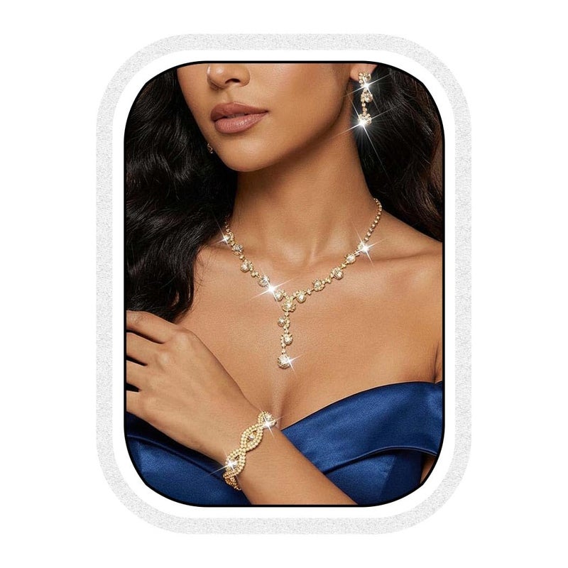 Unicra Gold Bridal Wedding Jewelry Sets Rhinestone Necklace Bracelet Earrings Set Prom Formal Costume Jewelry Set for Women and Brides (B-Gold) - Image 1