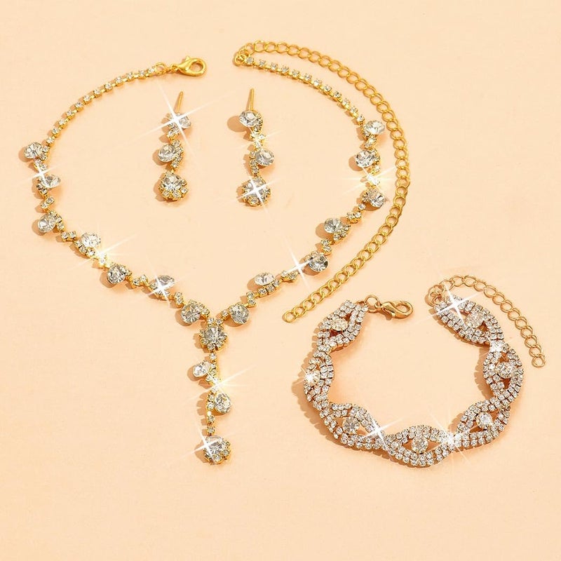Unicra Gold Bridal Wedding Jewelry Sets Rhinestone Necklace Bracelet Earrings Set Prom Formal Costume Jewelry Set for Women and Brides (B-Gold) - Image 2