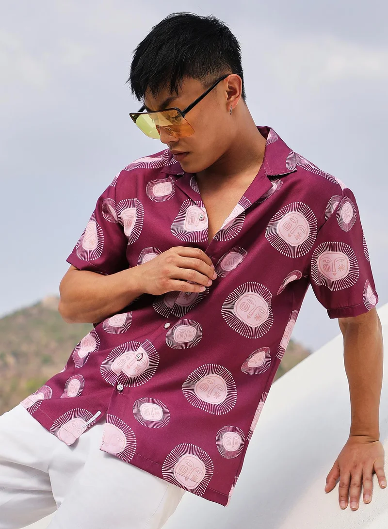 Campus Sutra Men's Wine Red Relaxed Face Shirt