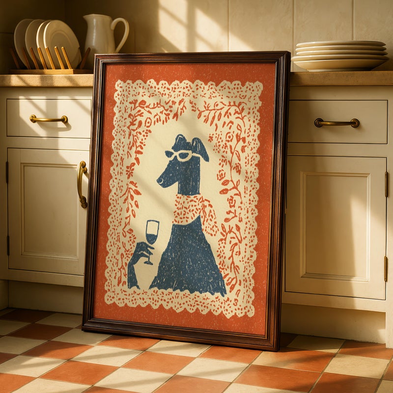 TNESSENTIAL Dog Wine Print, Funny Dog Wall Art, Whippet Greyhound Poster, Retro Kitchen Wall Art, Quirky Animal Print, Colorful Dining Room Decor - Image 1