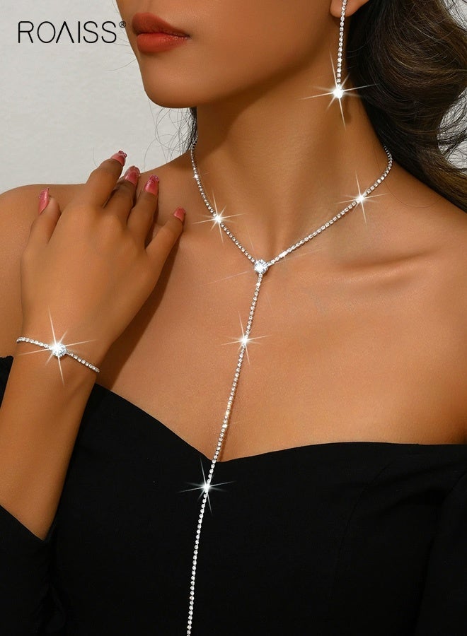 رويس طقم أقراط وقلادة طويلة على شكل حرف Y من أحجار الراين للنساء باللون الفضي، متألقة للغاية ومتعددة الاستخدامات، تتناسب بشكل أنيق مع أي حفل زفاف أو خط عنق - Image 1
