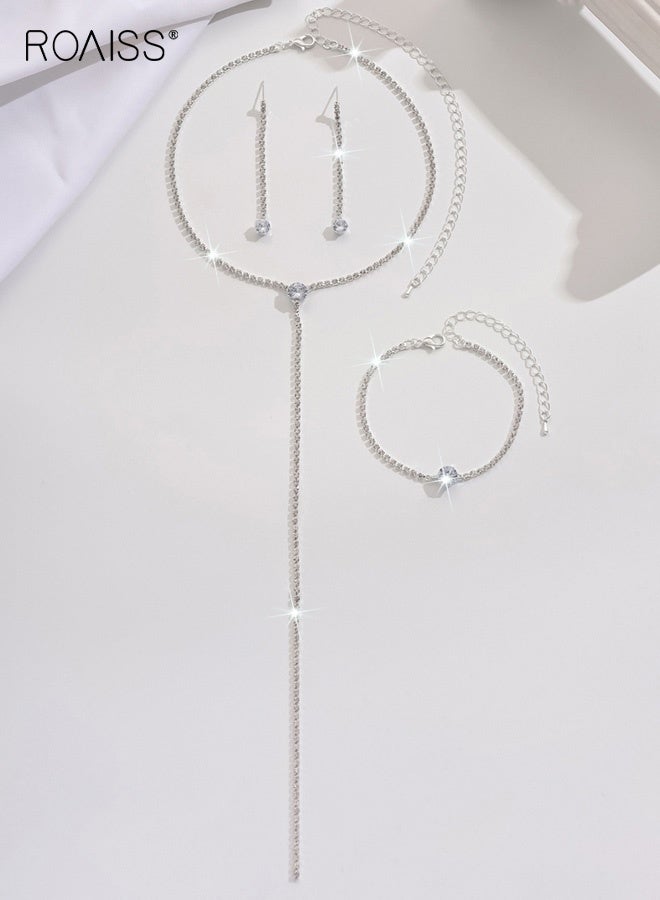 رويس طقم أقراط وقلادة طويلة على شكل حرف Y من أحجار الراين للنساء باللون الفضي، متألقة للغاية ومتعددة الاستخدامات، تتناسب بشكل أنيق مع أي حفل زفاف أو خط عنق - Image 3