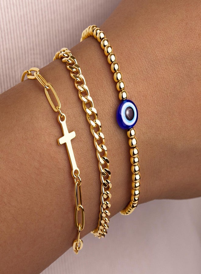 Poxtex أساور ذهبية للنساء، غير قابلة للتلف، أساور أنيقة قابلة للتكديس، أساور مطلية بالذهب قابلة للتكديس مع خرز، مشبك ورق كوبي، حبل ثعبان، سلسلة يد، هدايا مجوهرات للنساء - Image 2