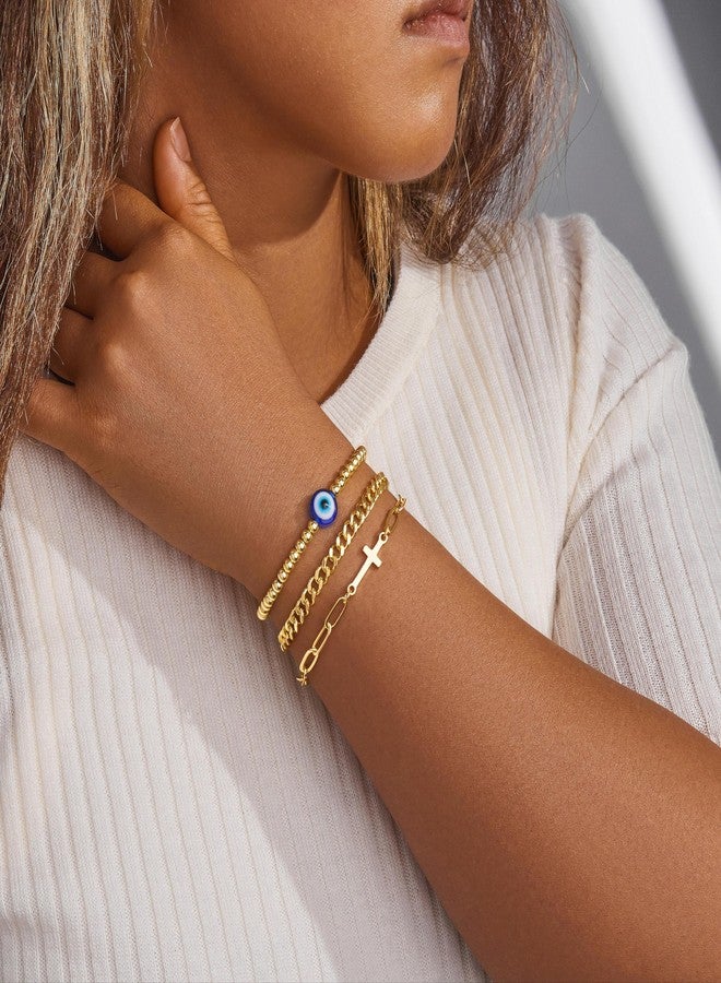 Poxtex أساور ذهبية للنساء، غير قابلة للتلف، أساور أنيقة قابلة للتكديس، أساور مطلية بالذهب قابلة للتكديس مع خرز، مشبك ورق كوبي، حبل ثعبان، سلسلة يد، هدايا مجوهرات للنساء - Image 4