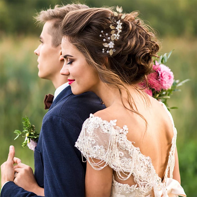 La Jolie Jasmin 4 قطع دبابيس شعر زفاف العروس أوراق ذهبية كريستال لؤلؤ دبابيس شعر مشابك إكليل زهور إكسسوارات شعر زفاف عتيقة للعروس وصديقات العروس والنساء والفتيات - Image 5