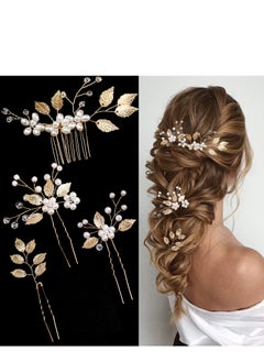 La Jolie Jasmin 4 Pieces Bridal Wedding Hair Pins Gold Leaf Crystal Pearl Hair Pins Clips Flower Headpiece Vintage Wedding Hair Accessories for Brides Bridesmaids Women Girls  - Image 1