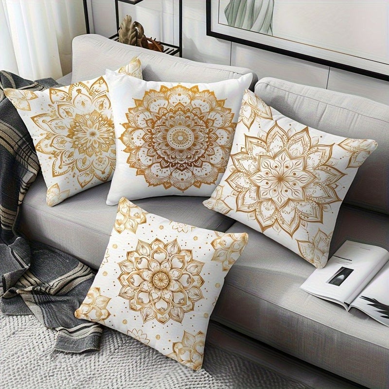 40x40cm Mandala Pillow Set 4PCS Golden White Floral Print Zippered Polyester Sofa Decor Machine Washable - Image 5