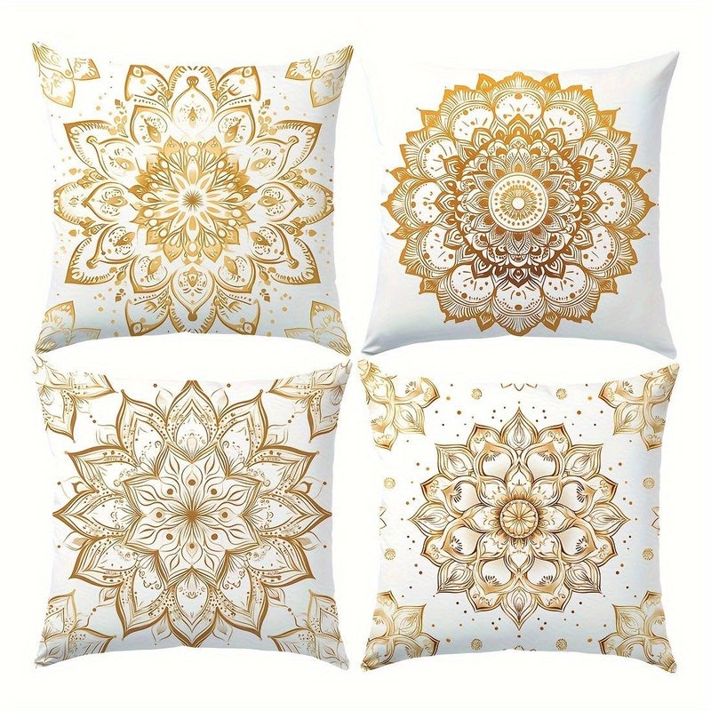 40x40cm Mandala Pillow Set 4PCS Golden White Floral Print Zippered Polyester Sofa Decor Machine Washable - Image 3