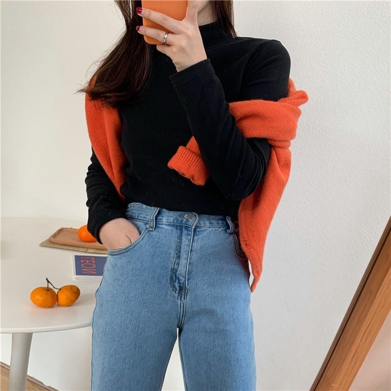 Half-high collar bottoming shirt with velvet inside womens short-sleeved slim foreign-style spring, autumn and winter long-sleeved T-shirt shallow coffee - Image 4