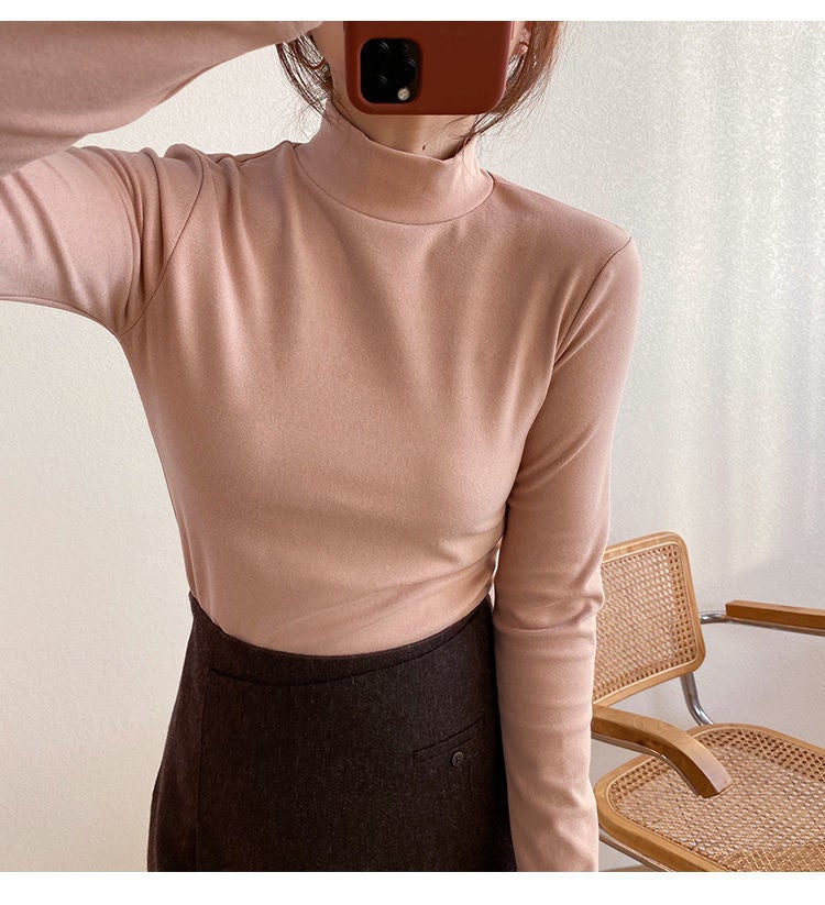 Half-high collar bottoming shirt with velvet inside womens short-sleeved slim foreign-style spring, autumn and winter long-sleeved T-shirt shallow coffee - Image 3