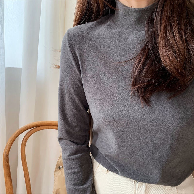 Half-high collar bottoming shirt with velvet inside womens short-sleeved slim foreign-style spring, autumn and winter long-sleeved T-shirt shallow coffee - Image 2