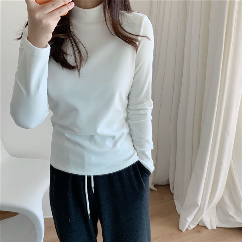 Half-high collar bottoming shirt with velvet inside womens short-sleeved slim foreign-style spring, autumn and winter long-sleeved T-shirt shallow coffee - Image 5