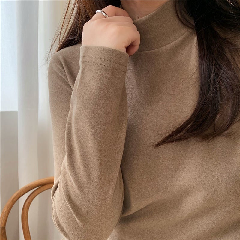 Half-high collar bottoming shirt with velvet inside womens short-sleeved slim foreign-style spring, autumn and winter long-sleeved T-shirt shallow coffee - Image 1