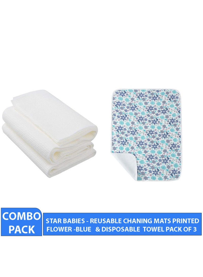 STAR BABiES Combo Pack Reusable Changing Mat With Disposable Towel Pack Of 3 Printed Flower Blue  - Image 2