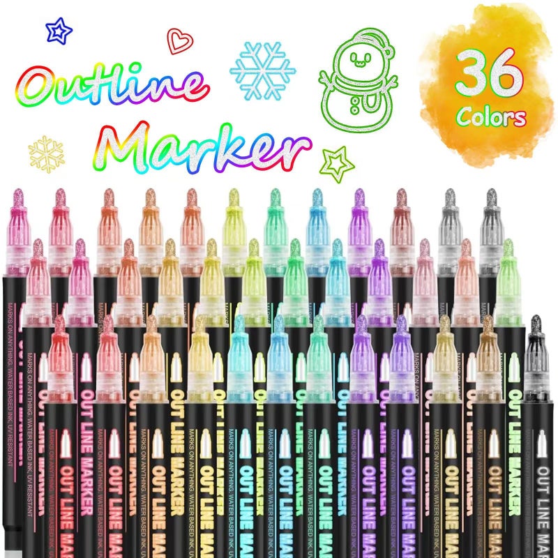 OUNIY Double Line Super Squiggles Glitter & Metallic Markers, 36 Colors - Self Outline Pens for Doodle Art, Greeting Cards & Crafts - Image 1