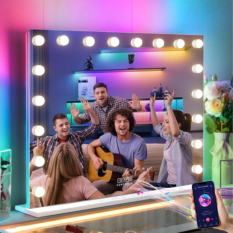 FENCHILIN FENCHILIN 31.5x22.8 Inch RGB LED Vanity Mirror with Light and RGB Backlit Hollywood Lighted Makeup Mirror, Smart Touch Control Light Mirror with Memory Function 